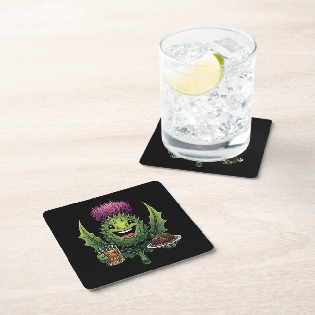 Playful Scottish Thistle Character with Whisky and Rechteckiger Pappuntersetzer (Vor Ort)