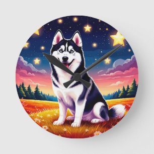 Playful Siberian Husky Runde Wanduhr