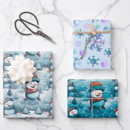 Playful Snowmen Pine Trees Schneeflocken Weihnacht Geschenkpapier Set