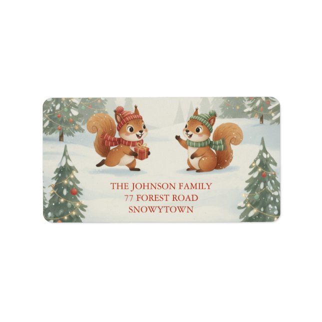 Playful Squirrels in Christmas Winter Forest Adressaufkleber (Vorne)