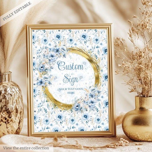 Playful staubblauer Blüten Goldjungen-Baby-Brauch Poster (Playful dusty blue flowers gold boy baby custom Poster )