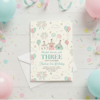 Playful Sweet and Three Kids Birthday Invitation
