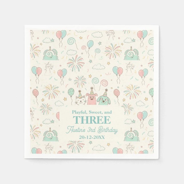 Playful Sweet and Three Kids Birthday  Serviette (Vorderseite)