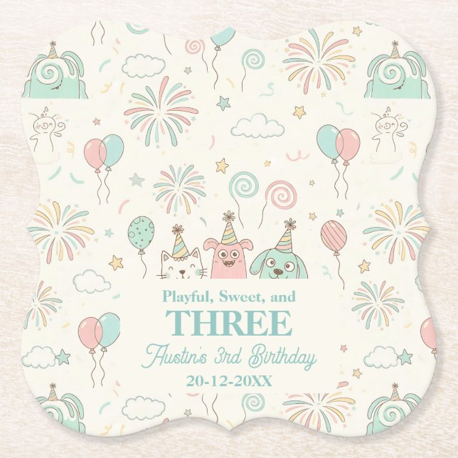Playful Sweet and Three Kids Birthday  Untersetzer (Vorderseite)