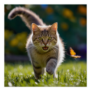 Playful Tabby Cat Chasing Butterfly – Cute Nature Poster
