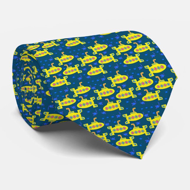 Playful Tiny Yellow U-Boote Deep Blue Sea Krawatte (Gerollt)