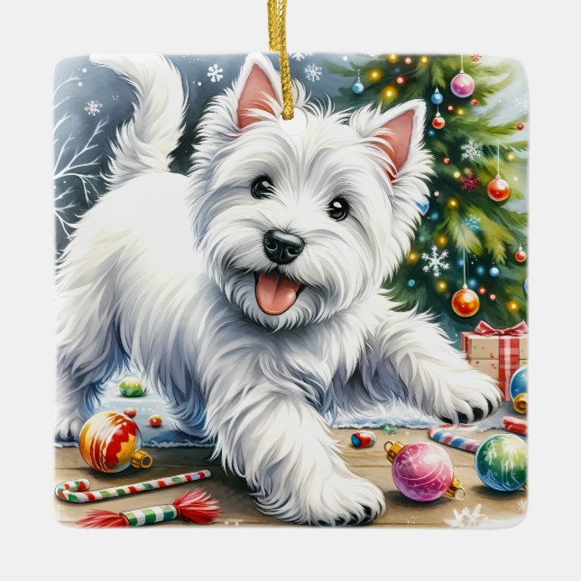 Playful Westie Christmas Keramikornament (Vorderseite)