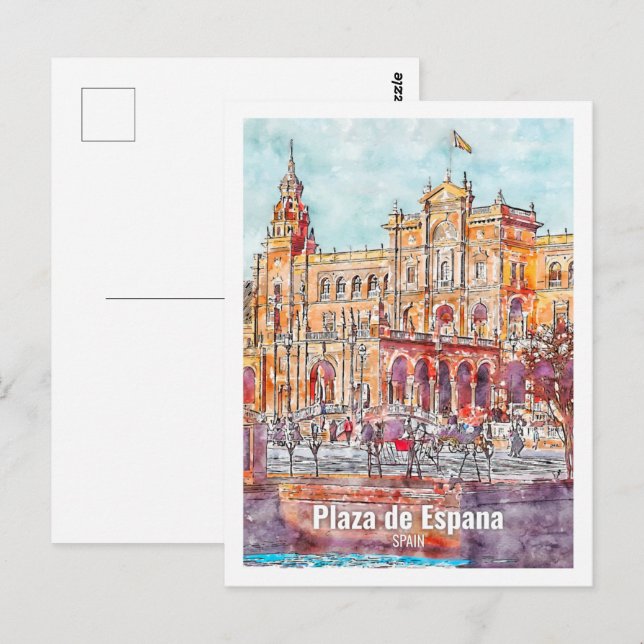 Plaza de Espana Spanien Fantastische Watercolor Postkarte (Vorne/Hinten)