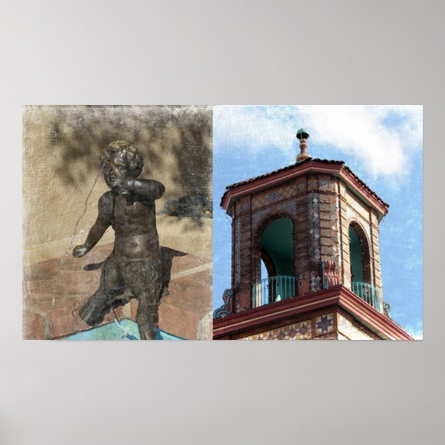 Plaza Gebäude und Brunnen Details Poster (Vorne)