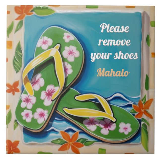 Please Remove Shoes Sign Green Hawaiian Flip Flops Fliese (Vorderseite)