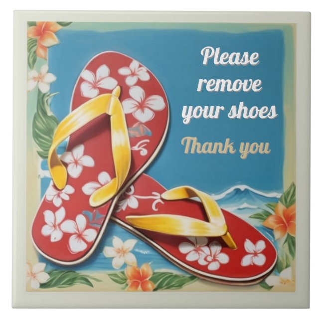 Please Remove Shoes Sign Hawaiian Flip Flops Fliese (Vorderseite)