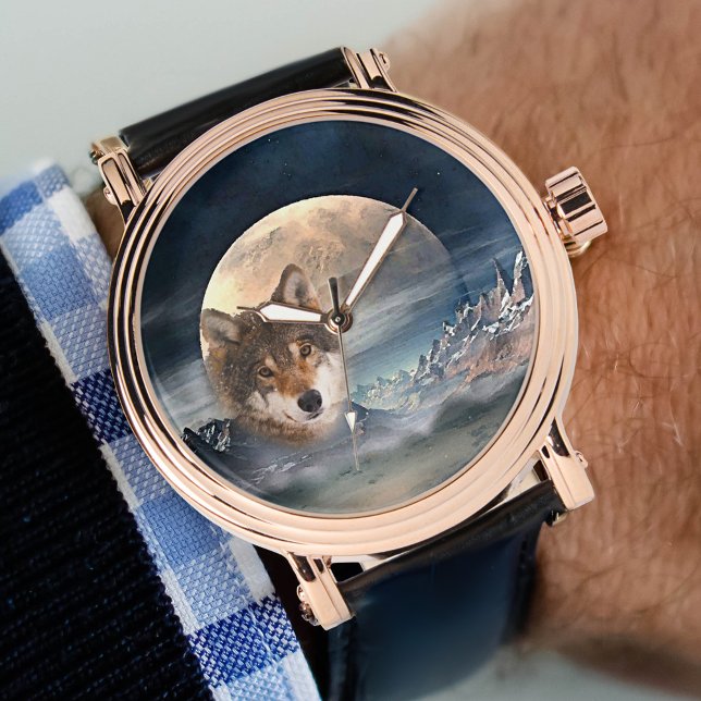 Pleine lune Imaginaire Paysage Montre Wolf (Men's watch featuring a painted magical fantasy landscape with a full moon and wolf.)