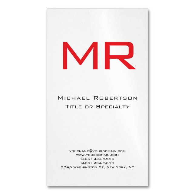 Plian Monogram Red White Minimalistisch Magnetische Visitenkarte (Vorderseite Vertikal)