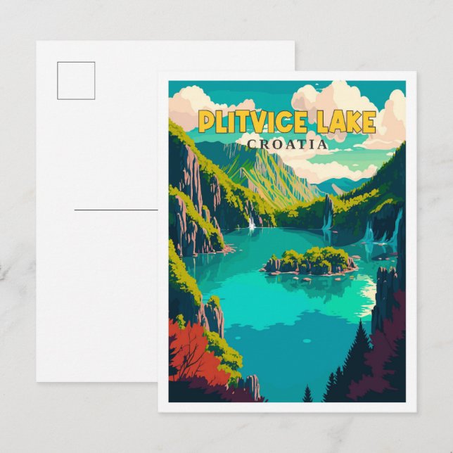 Plitvice See Croatia Vintage Illustration Postkarte (Vorne/Hinten)
