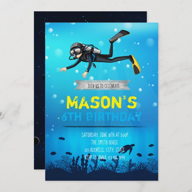 Plongée sous-marine Invitation fête d'anniversaire (Devant / Derrière)