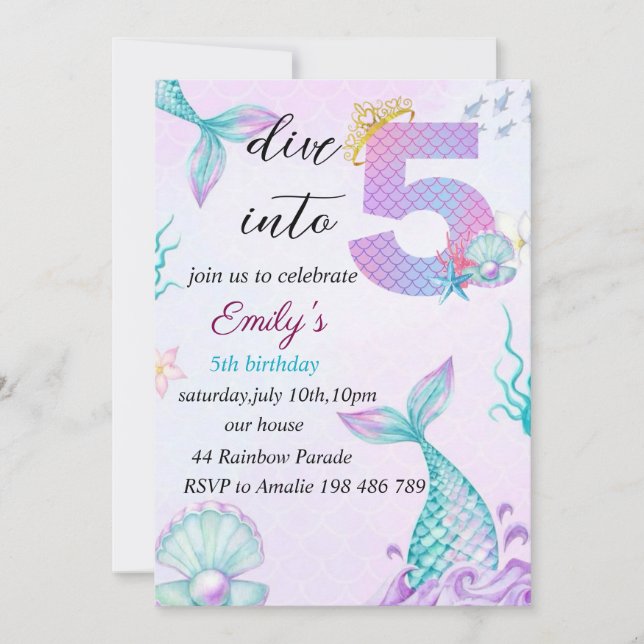 Plongez dans cinq 5e invitation de sirène annivers (Devant)