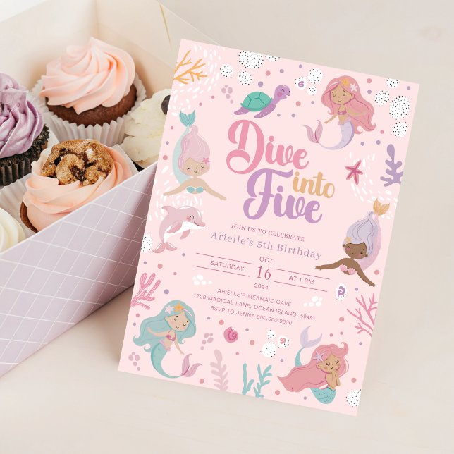 Plongez dans cinq invitations de sirène - Fille ro (Dive Into Five Mermaid Invitation - Pink Girl 5th
)
