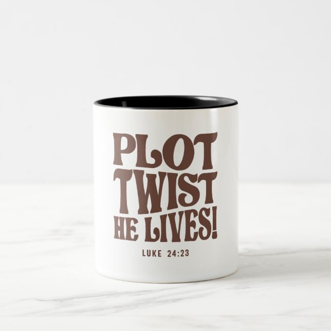 Plot Drehung Er lebt Luke 24:23 Bibel Verse Zweifarbige Tasse (Mittel)