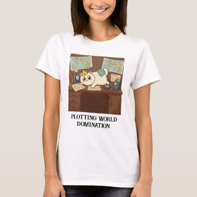 Plotting World Domination Funny Cat T-Shirt (Vorderseite)
