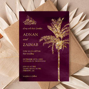 Plum and Gold Glitzer Date Palm Muslim Wedding Einladung