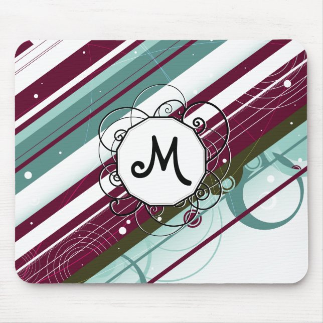 Plum and Teal Modern-Retro Stripes with Monogram Mousepad (Vorne)