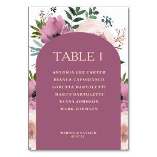 Plum Arch Floral Mariage Numéro de table Carte