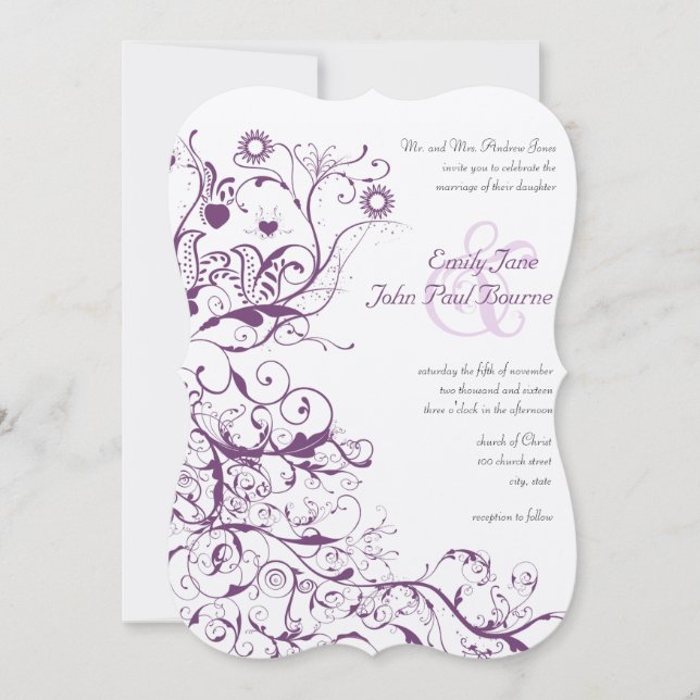Plum Birds & Swirls Wedding Invitations (Devant)