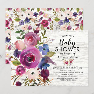 Plum bleu rustique Floral BÉBÉ Douche Invitations