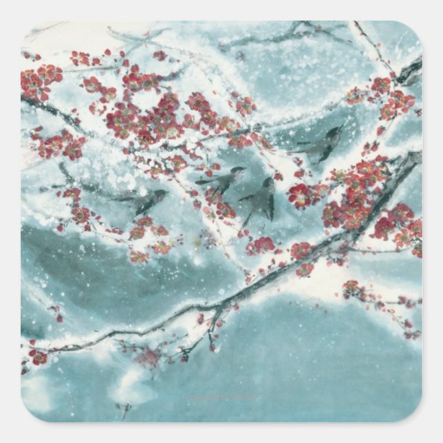 Plum Blossom im Schnee Quadratischer Aufkleber (Vorderseite)