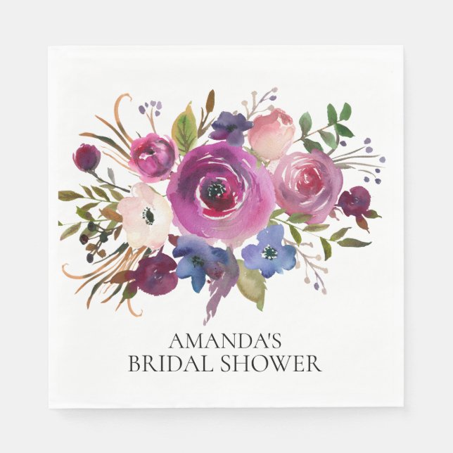 Plum Blue Floral Brautparty Paper Napkins Serviette (Vorderseite)