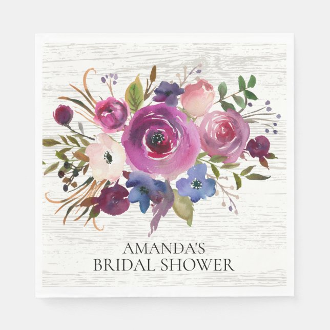 Plum Blue Floral Brautparty Paper Napkins Serviette (Vorderseite)