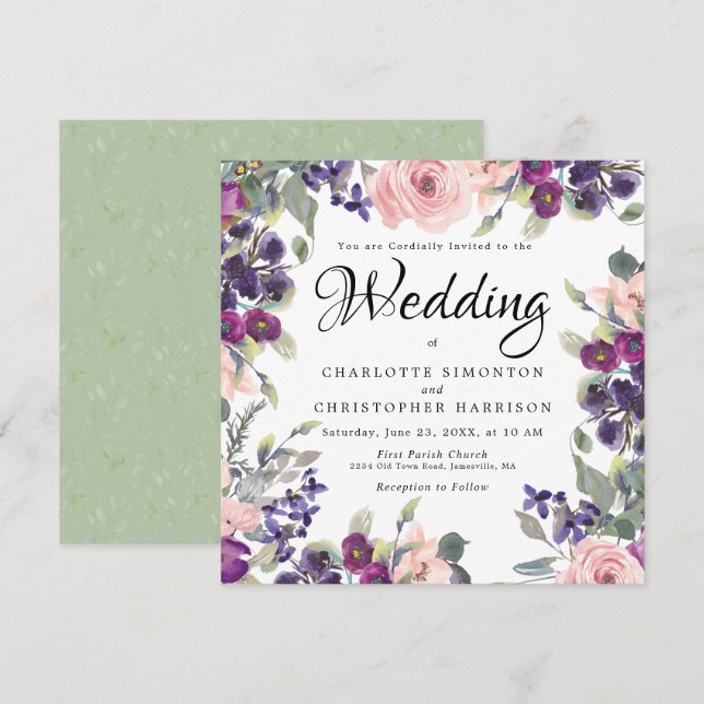 Plum Blush Floral Carré Invitations de mariage (Devant / Derrière)