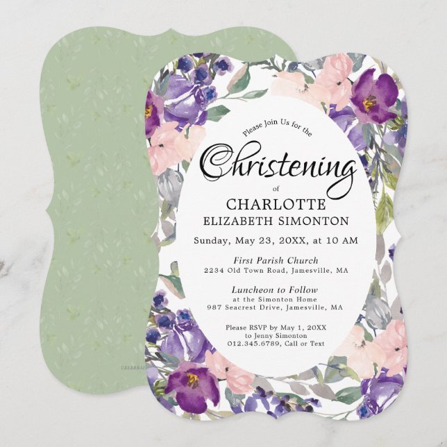 Plum Blush Floral Christening Invitations (Devant / Derrière)