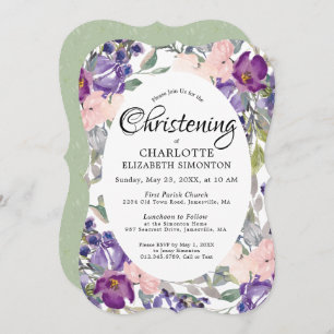 Plum Blush Floral Christening Invitations