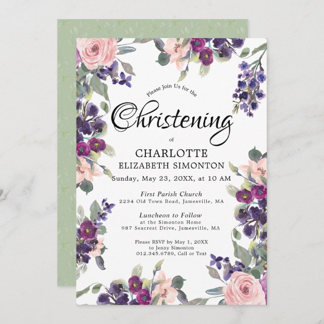 Plum Blush Purple Floral Christening Invitation (Devant / Derrière)