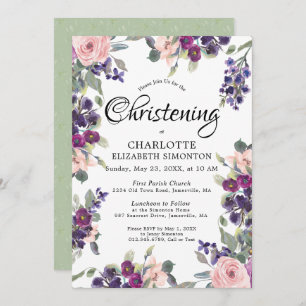 Plum Blush Purple Floral Christening Invitation