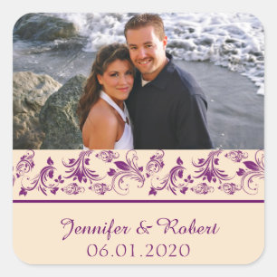 Plum Champagne Floral Scroll Gastgeschenk Hochzeit Quadratischer Aufkleber