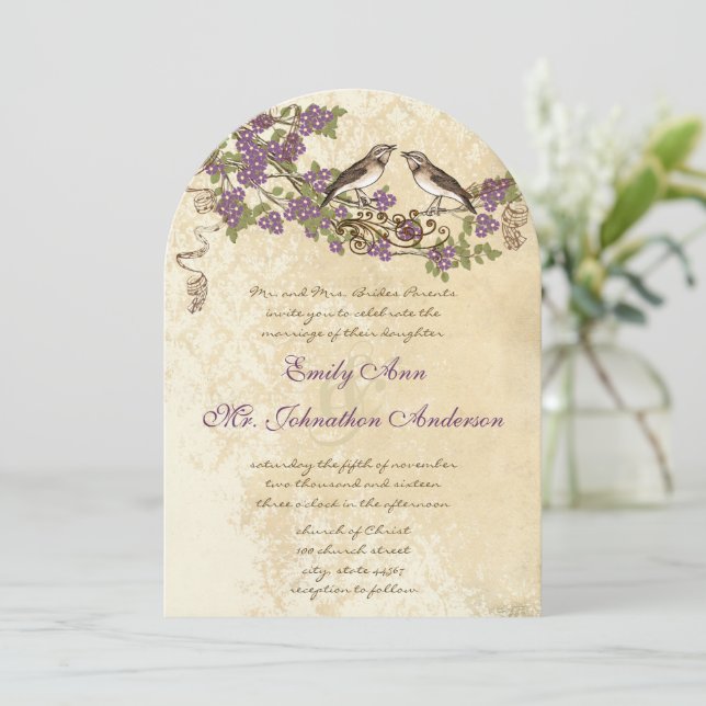 Plum Cherry Blossom Vintag Bird Hochzeiten Einladung (Stehend Vorderseite)