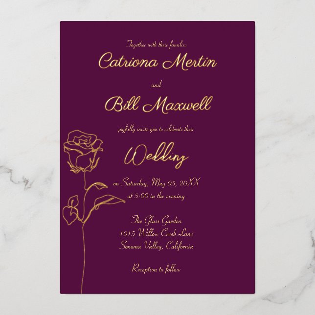 Plum classique violet et Faire-part de mariage à h (Recto)