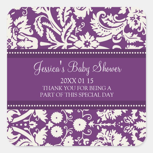 Plum Damask Baby Dusche Pflegeaufkleber Quadratischer Aufkleber (Vorderseite)