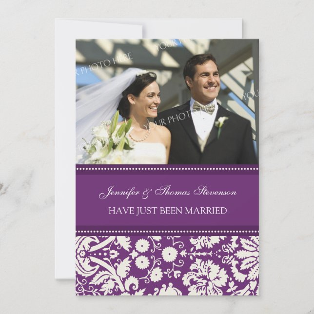 Plum Damask Foto Just Married Announcards Ankündigung (Vorderseite)