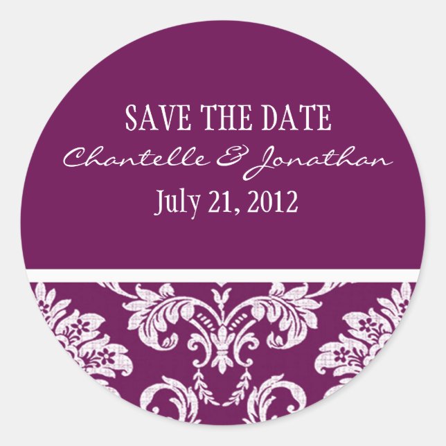 Plum Damask Hochzeitskleber Runder Aufkleber (Vorderseite)