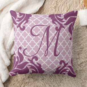 Plum Damask Monogram Custom Accent Pillow Kissen