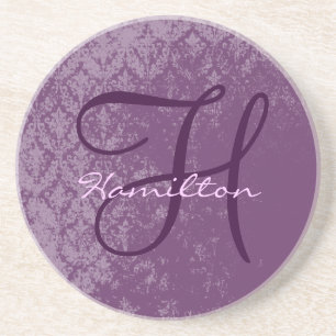 Plum Damask Monogram Wedding Anniversary Untersetz Getränkeuntersetzer