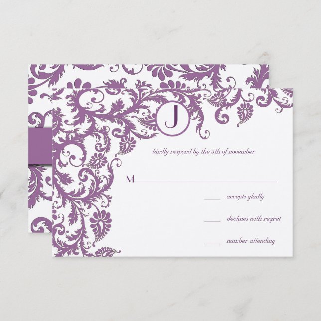 Plum Damask Monogram Wedding Einladung (Vorne/Hinten)