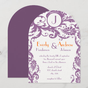 Plum Damask Monogram Wedding Einladung