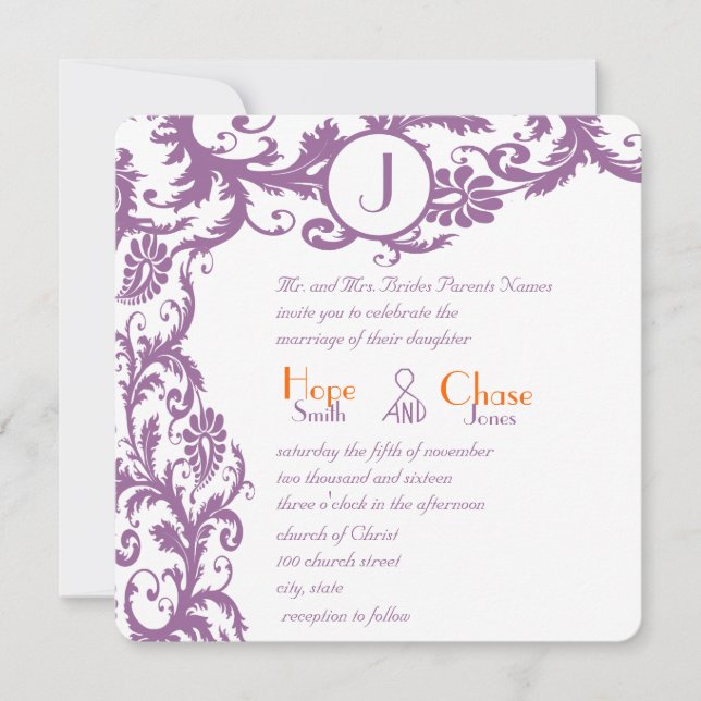 Plum Damask Orange Monogram Wedding Einladung (Vorderseite)