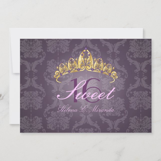 Plum Damask Sweet 16/ invitations tiara/améthyste (Devant)