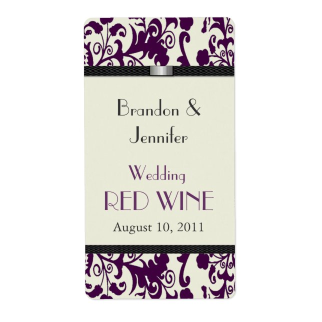 Plum Damask Wedding Mini Wine Labels (Vorne)