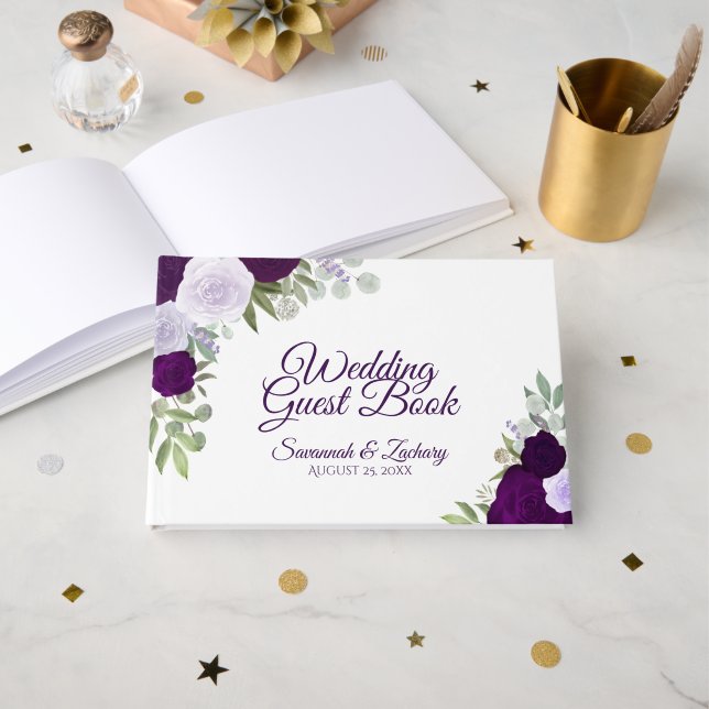 Plum & Dusty Lila Floral Elegantes Boho Hochzeit Gästebuch (Vorderseite Offen)